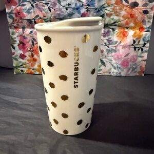 Starbucks | Grande Ivory White and Gold Splotch design Ceramic Mug w/ lid